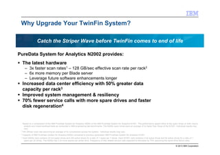 © 2013 IBM Corporation
Why Upgrade Your TwinFin System?
PureData System for Analytics N2002 provides:
The latest hardware
– 3x faster scan rates1 – 128 GB/sec effective scan rate per rack2
– 6x more memory per Blade server
– Leverage future software enhancements longer
Increased data center efficiency with 50% greater data
capacity per rack3
Improved system management & resiliency
70% fewer service calls with more spare drives and faster
disk regeneration4
Catch the Striper Wave before TwinFin comes to end of life
1 Based on a comparison of the IBM PureData System for Analytics N200x to the IBM PureData System for Analytics N1001. The performance speed refers to the query times on both macro-
analytic and mixed workload tests as conducted in IBM engineering lab benchmarks. The N200x query times were an average of 3x faster than those of the N1001. Individual results may
vary.
2128 GB/sec scan rate assuming an average of 4x compression across the system. Individual results may vary.
3 Capacity of IBM PureData System for Analytics N200x compared to previous generation IBM PureData System for Analytics N1001.
4 Each N200x rack contains 34 hot spare drives and 240 active drives for a ratio of 1 spare per 7 drives. Each N1001 rack contains 4 hot spare drives and 92 active drives for a ratio of 1
spare per 23 drives. The N200x has 3.3x more spares per active drive. Frequency of disk related service calls expected to decrease by 70% assuming the same drive failure rates.
 
