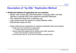 © 2013 IBM Corporation
Description of “by SQL” Replication Method
Preferred method of replication for our solution
– Master node accepts SQL Data Manipulation Language (DML) and Data
Definition Language (DDL) that update the replicated databases.
– SQL statements captured to a replication log
– Logs copied across the network to multiple Netezza nodes
– Subordinates replay the SQL
– Fewer performance implications to customer workloads (near zero impact)
• Small amount of information to log/transfer
The SQL statement that made the change
• External table files logged that are referenced by DML operations
Byte for byte identical to original imported data
• Incoming load rates for up to three simultaneous parallel loads
 