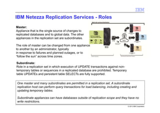 © 2013 IBM Corporation
IBM Netezza Replication Services - Roles
Subordinate:
Role in a replication set in which execution of UPDATE transactions against non-
temporary tables or sequences in a replicated database are prohibited. Temporary
table UPDATEs and persistent table SELECTs are fully supported.
Master:
Appliance that is the single source of changes to
replicated databases and to global data. The other
appliances in the replication set are subordinates.
The role of master can be changed from one appliance
to another by an administrator, typically
in response to failures and planned outages, or to
“follow the sun” across time zones.
One master and many subordinates are permitted in a replication set. A subordinate
replication host can perform query transactions for load balancing, including creating and
updating temporary tables.
Subordinate appliances can have databases outside of replication scope and they have no
write restrictions.
 