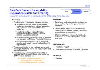 © 2013 IBM Corporation
Features
This QuickStart includes the following activities:
Install the 10 Gb NIC cards in the Netezza
appliances, establish and validate connectivity
with replication hardware and Netezza
appliance.
Install and configure a basic Netezza
Replication Software Solution from one
Netezza source to one target.
Provide information sharing on how to best use
and leverage the Netezza Replication Solution.
Conduct a planning workshop to document
disaster and recovery scenarios based on the
requirements.
The scope is limited to one Netezza source and
one target. Additional nodes can be supported and
quoted separately.
The site survey / pre-engagement checklist is
reviewed and completed by the client before any
IBM resources come on-site.
Deliverables
Installation Report
Disaster and Recovery Scenarios Document
Ensure your solution is implemented efficiently with low risk
Benefits
Get a basic replication solution installed and
configured quickly realizing your solution
ROI faster
Leverage IBM deep product expertise to
define optimum disaster recovery solutions
to satisfy your requirements
Obtain a replication solution foundation to
protect one of your most important assets,
your data!
Backed by world-class industry and
product experts in deploying
Information Management Software
Duration
4 weeks
PureData System for Analytics
Replication QuickStart Offering
 