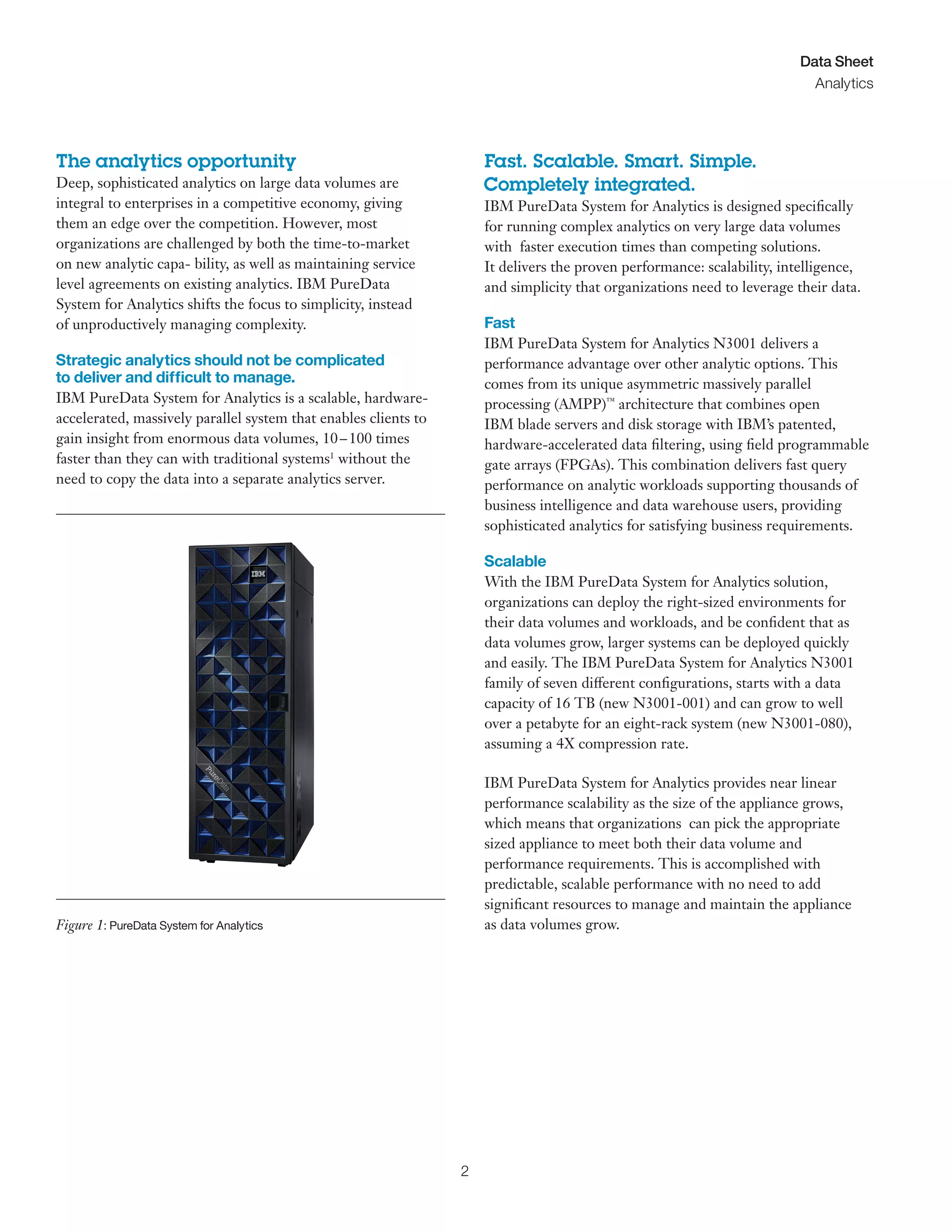 2
Data Sheet
Analytics
	 	 	 	
The analytics opportunity
Deep, sophisticated analytics on large data volumes are
integral to enterprises in a competitive economy, giving
them an edge over the competition. However, most
organizations are challenged by both the time-to-market
on new analytic capa- bility, as well as maintaining service
level agreements on existing analytics. IBM PureData
System for Analytics shifts the focus to simplicity, instead
of unproductively managing complexity.
Strategic analytics should not be complicated
to deliver and difficult to manage.
IBM PureData System for Analytics is a scalable, hardware-
accelerated, massively parallel system that enables clients to
gain insight from enormous data volumes, 10–100 times
faster than they can with traditional systems1
without the
need to copy the data into a separate analytics server.
Figure 1: PureData System for Analytics
Fast. Scalable. Smart. Simple.
Completely integrated.
IBM PureData System for Analytics is designed specifically
for running complex analytics on very large data volumes
with faster execution times than competing solutions.
It delivers the proven performance: scalability, intelligence,
and simplicity that organizations need to leverage their data.
Fast
IBM PureData System for Analytics N3001 delivers a
performance advantage over other analytic options. This
comes from its unique asymmetric massively parallel
processing (AMPP)™
architecture that combines open
IBM blade servers and disk storage with IBM’s patented,
hardware-accelerated data filtering, using field programmable
gate arrays (FPGAs). This combination delivers fast query
performance on analytic workloads supporting thousands of
business intelligence and data warehouse users, providing
sophisticated analytics for satisfying business requirements.
Scalable
With the IBM PureData System for Analytics solution,
organizations can deploy the right-sized environments for
their data volumes and workloads, and be confident that as
data volumes grow, larger systems can be deployed quickly
and easily. The IBM PureData System for Analytics N3001
family of seven different configurations, starts with a data
capacity of 16 TB (new N3001-001) and can grow to well
over a petabyte for an eight-rack system (new N3001-080),
assuming a 4X compression rate.
IBM PureData System for Analytics provides near linear
performance scalability as the size of the appliance grows,
which means that organizations can pick the appropriate
sized appliance to meet both their data volume and
performance requirements. This is accomplished with
predictable, scalable performance with no need to add
significant resources to manage and maintain the appliance
as data volumes grow.
 