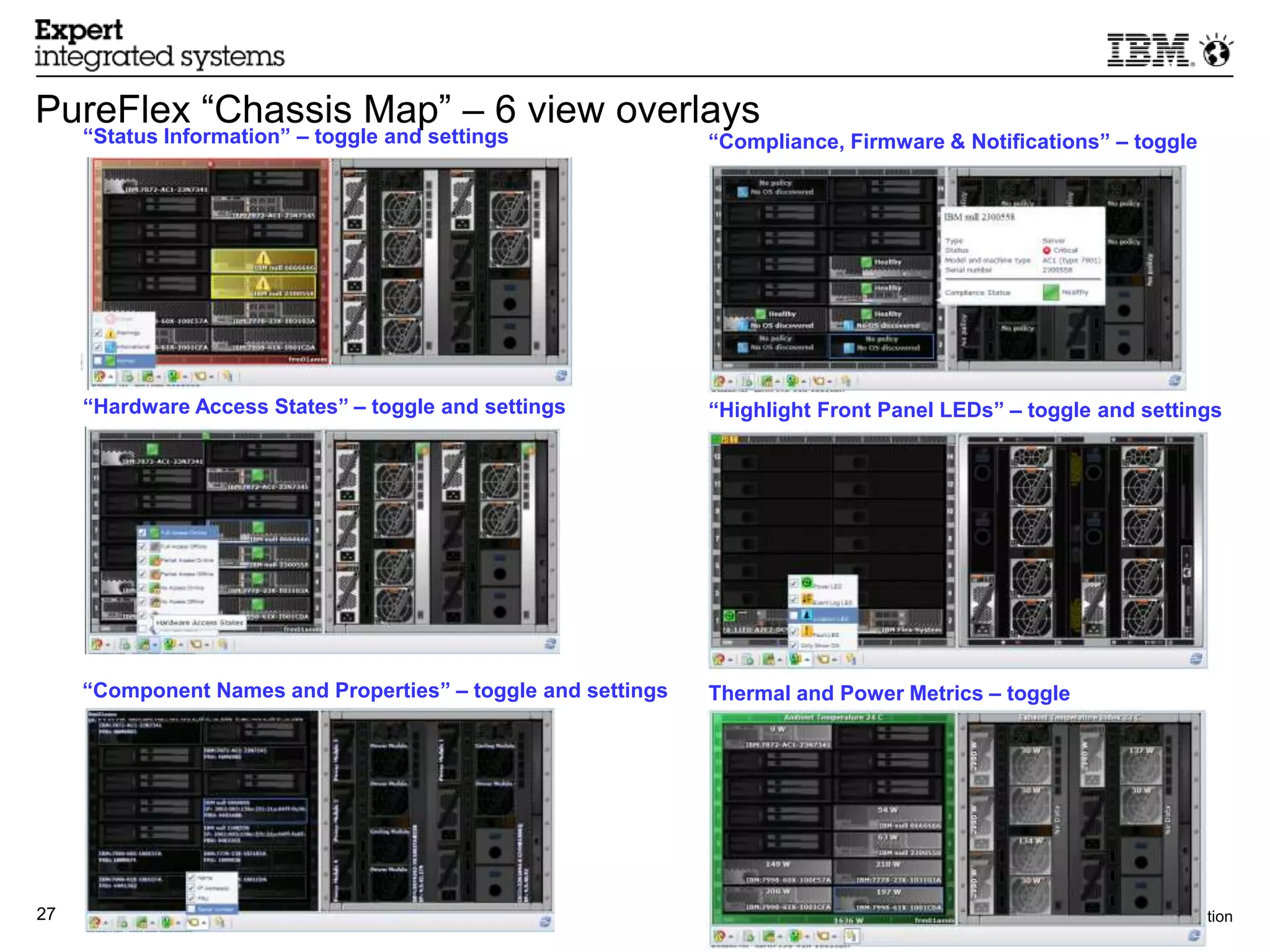 PureFlex “Chassis Map” – 6 view overlays
     “Status Information” – toggle and settings               “Compliance, Firmware & Notifications” – toggle




     “Hardware Access States” – toggle and settings           “Highlight Front Panel LEDs” – toggle and settings




     “Component Names and Properties” – toggle and settings   Thermal and Power Metrics – toggle




27                                                                                              © 2012 IBM Corporation
 