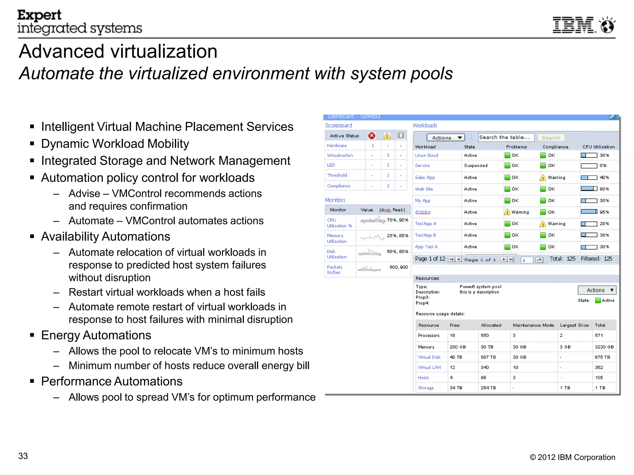 Advanced virtualization
Automate the virtualized environment with system pools

        Intelligent Virtual Machine Placement Services
        Dynamic Workload Mobility
        Integrated Storage and Network Management
        Automation policy control for workloads
           – Advise – VMControl recommends actions
             and requires confirmation
           – Automate – VMControl automates actions
      Availability Automations
           – Automate relocation of virtual workloads in
             response to predicted host system failures
             without disruption
           – Restart virtual workloads when a host fails
           – Automate remote restart of virtual workloads in
             response to host failures with minimal disruption
      Energy Automations
           – Allows the pool to relocate VM’s to minimum hosts
           – Minimum number of hosts reduce overall energy bill
      Performance Automations
           – Allows pool to spread VM’s for optimum performance




33                                                                © 2012 IBM Corporation
 