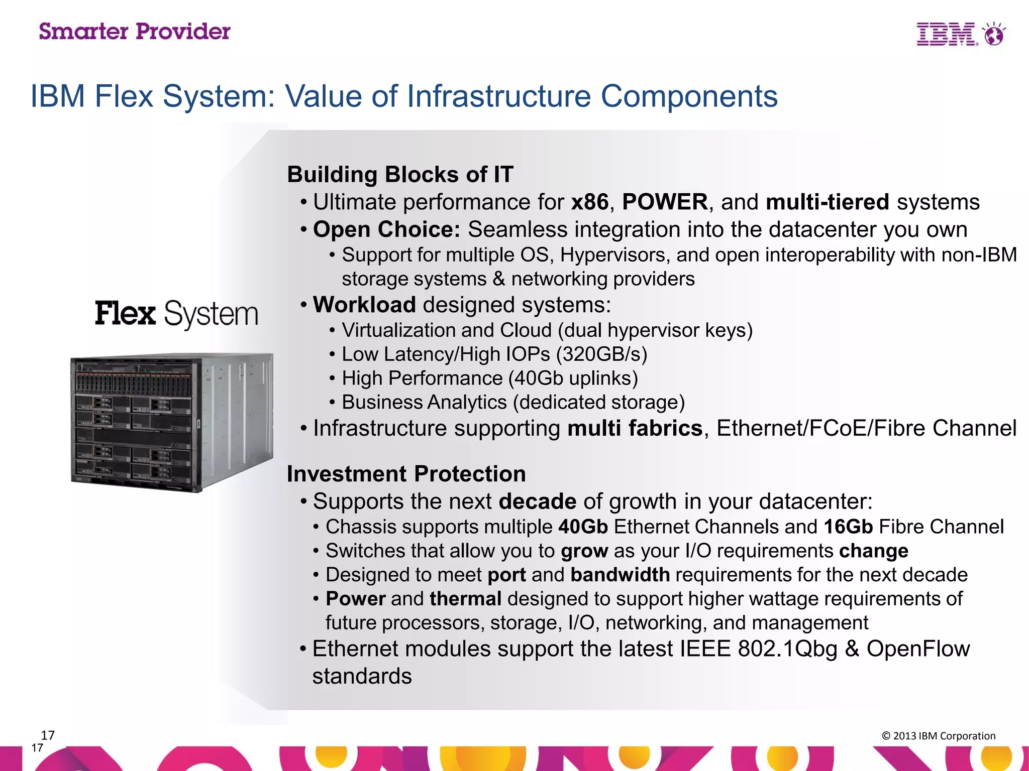 IBM Flex System: Value of Infrastructure Components
Building Blocks of IT
• Ultimate performance for x86, POWER, and multi-tiered systems
• Open Choice: Seamless integration into the datacenter you own
• Support for multiple OS, Hypervisors, and open interoperability with non-IBM
storage systems & networking providers

• Workload designed systems:
•
•
•
•

Virtualization and Cloud (dual hypervisor keys)
Low Latency/High IOPs (320GB/s)
High Performance (40Gb uplinks)
Business Analytics (dedicated storage)

• Infrastructure supporting multi fabrics, Ethernet/FCoE/Fibre Channel
Investment Protection
• Supports the next decade of growth in your datacenter:
•
•
•
•

Chassis supports multiple 40Gb Ethernet Channels and 16Gb Fibre Channel
Switches that allow you to grow as your I/O requirements change
Designed to meet port and bandwidth requirements for the next decade
Power and thermal designed to support higher wattage requirements of
future processors, storage, I/O, networking, and management

• Ethernet modules support the latest IEEE 802.1Qbg & OpenFlow
standards
17
17

© 2013 IBM Corporation

 