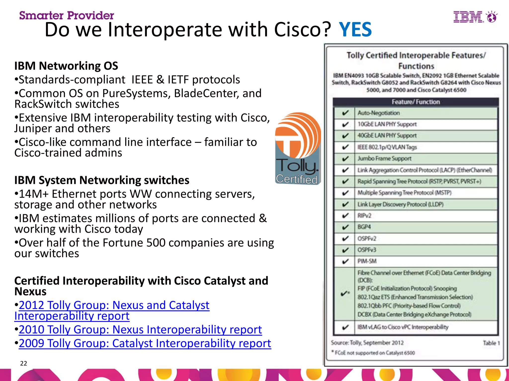 Do we Interoperate with Cisco? YES
IBM Networking OS
•Standards-compliant IEEE & IETF protocols
•Common OS on PureSystems, BladeCenter, and
RackSwitch switches
•Extensive IBM interoperability testing with Cisco,
Juniper and others
•Cisco-like command line interface – familiar to
Cisco-trained admins
IBM System Networking switches
•14M+ Ethernet ports WW connecting servers,
storage and other networks
•IBM estimates millions of ports are connected &
working with Cisco today
•Over half of the Fortune 500 companies are using
our switches
Certified Interoperability with Cisco Catalyst and
Nexus
•2012 Tolly Group: Nexus and Catalyst
Interoperability report
•2010 Tolly Group: Nexus Interoperability report
•2009 Tolly Group: Catalyst Interoperability report
22

© 2013 IBM Corporation

 