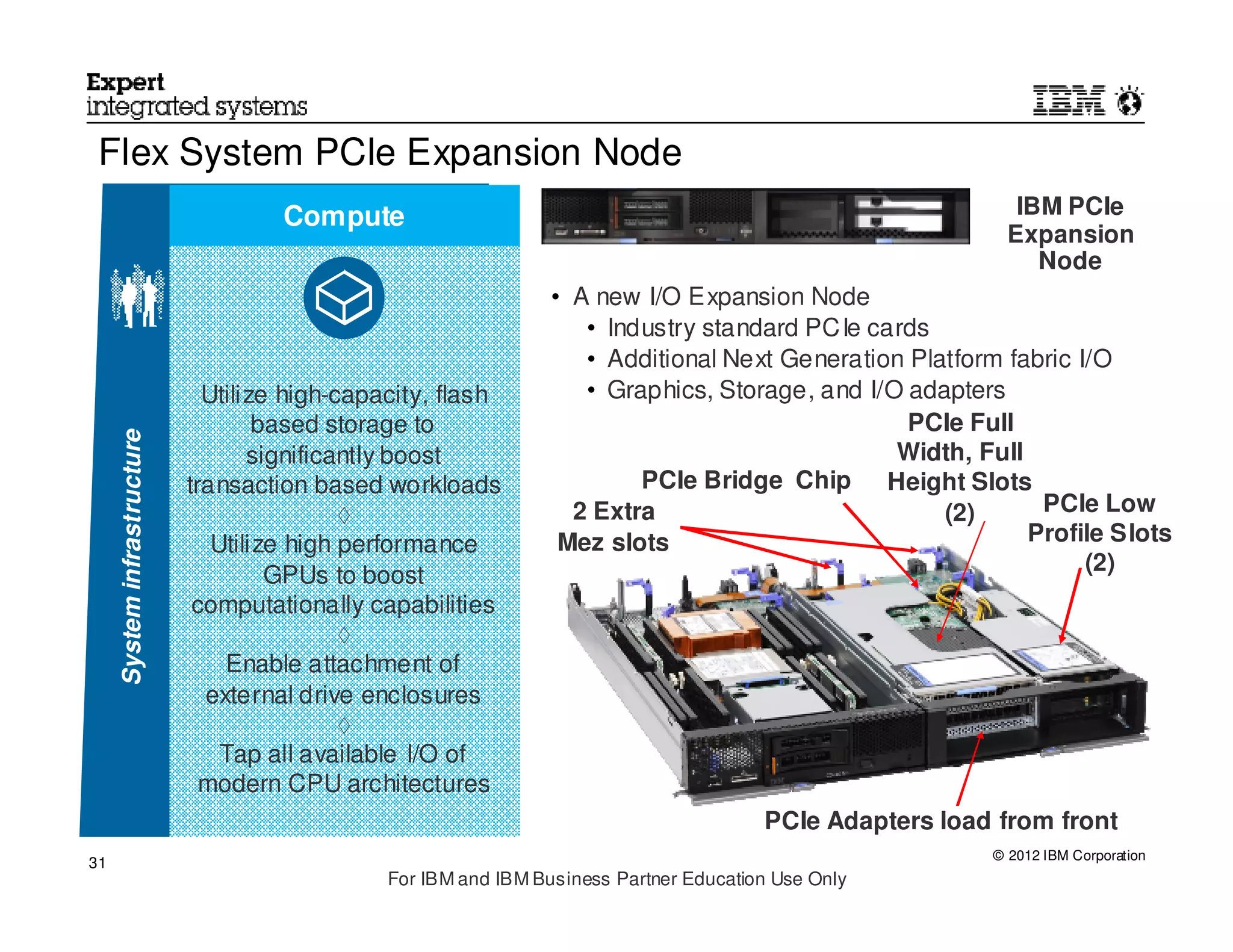 Flex System PCIe Expansion Node
                                      Compute                                                                 IBM PCIe
                                                                                                             Expansion
                                                                                                                Node
                                                                  • A new I/O Expansion Node
                                                                     • Industry standard PCIe cards
                                                                     • Additional Next Generation Platform fabric I/O
                               Utilize high-capacity, flash          • Graphics, Storage, and I/O adapters
                                     based storage to                                             PCIe Full
     System infrastructure




                                    significantly boost                                          Width, Full
                             transaction based workloads                  PCIe Bridge Chip Height Slots
                                                                    2 Extra                          (2)      PCIe Low
                                             ◊
                                Utilize high performance           Mez slots                                 Profile Slots
                                                                                                                   (2)
                                      GPUs to boost
                              computationally capabilities
                                             ◊
                                 Enable attachment of
                               external drive enclosures
                                             ◊
                                 Tap all available I/O of
                               modern CPU architectures
                                                                                         PCIe Adapters load from front
                                                                                                           © 2012 IBM Corporation
31
                                                For IBM and IBM Business Partner Education Use Only
 