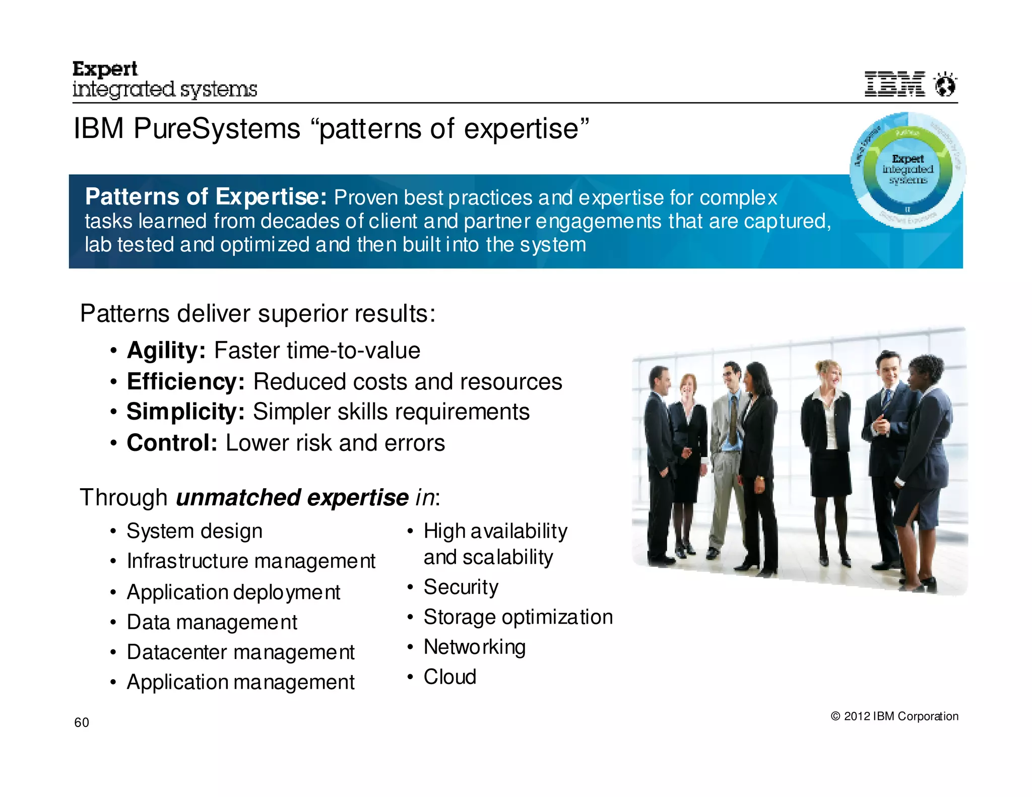 IBM PureSystems “patterns of expertise”

 Patterns of Expertise: Proven best practices and expertise for complex
 tasks learned from decades of client and partner engagements that are captured,
 lab tested and optimized and then built into the system


Patterns deliver superior results:
     •   Agility: Faster time-to-value
     •   Efficiency: Reduced costs and resources
     •   Simplicity: Simpler skills requirements
     •   Control: Lower risk and errors

Through unmatched expertise in:
     •   System design               • High availability
     •   Infrastructure management     and scalability
     •   Application deployment      • Security
     •   Data management             • Storage optimization
     •   Datacenter management       • Networking
     •   Application management      • Cloud
                                                                               © 2012 IBM Corporation
60
 