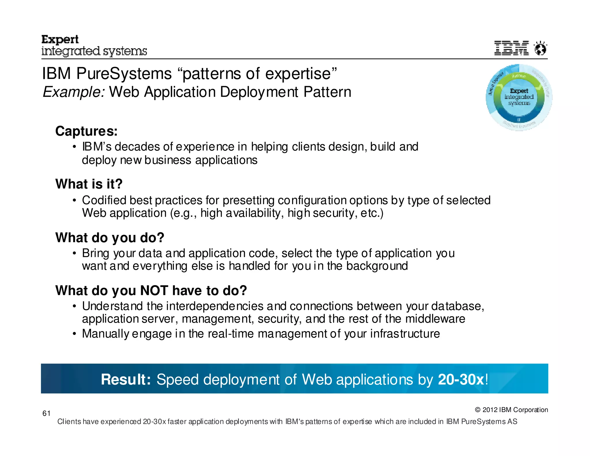 IBM PureSystems “patterns of expertise”
Example: Web Application Deployment Pattern

     Captures:
         • IBM’s decades of experience in helping clients design, build and
           deploy new business applications

     What is it?
         • Codified best practices for presetting configuration options by type of selected
           Web application (e.g., high availability, high security, etc.)

     What do you do?
         • Bring your data and application code, select the type of application you
           want and everything else is handled for you in the background

     What do you NOT have to do?
         • Understand the interdependencies and connections between your database,
           application server, management, security, and the rest of the middleware
         • Manually engage in the real-time management of your infrastructure


                 Result: Speed deployment of Web applications by 20-30x!
                                                                                                                                © 2012 IBM Corporation
61
     Clients have experienced 20-30x faster application deployments with IBM's patterns of expertise which are included in IBM PureSystems AS
 