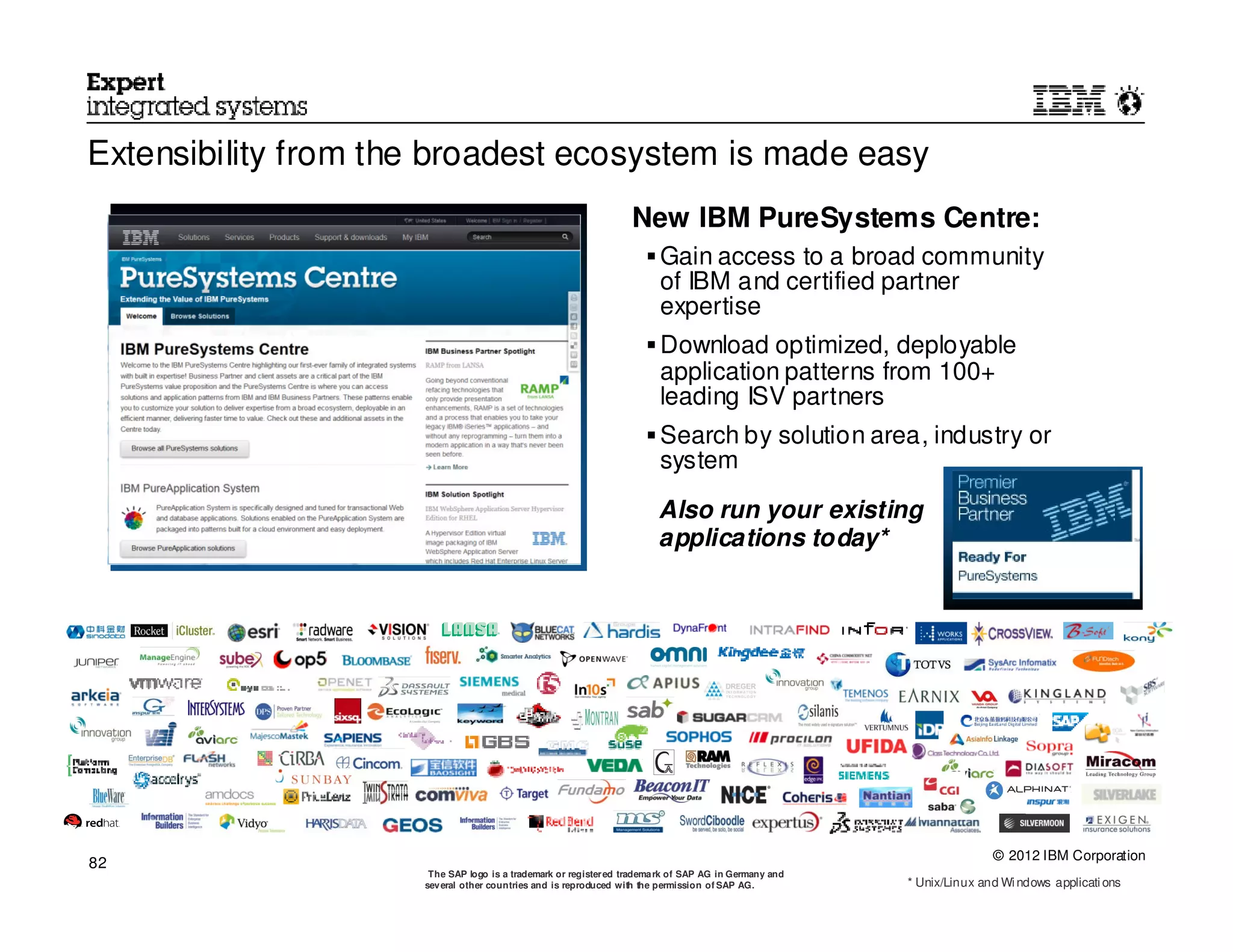 Extensibility from the broadest ecosystem is made easy
                                                                  New IBM PureSystems Centre:
                                                                        Gain access to a broad community
                                                                        of IBM and certified partner
                                                                        expertise
                                                                        Download optimized, deployable
                                                                        application patterns from 100+
                                                                        leading ISV partners
                                                                        Search by solution area, industry or
                                                                        system

                                                                        Also run your existing
                                                                        applications today*




                                                                                                                      © 2012 IBM Corporation
82
                      The SAP logo is a trademark or register ed tradema rk of SAP AG in Germany and
                     sev eral other countries and is reproduced with the permission of SAP AG.         * Unix/Linux and Wi ndows applicati ons
 