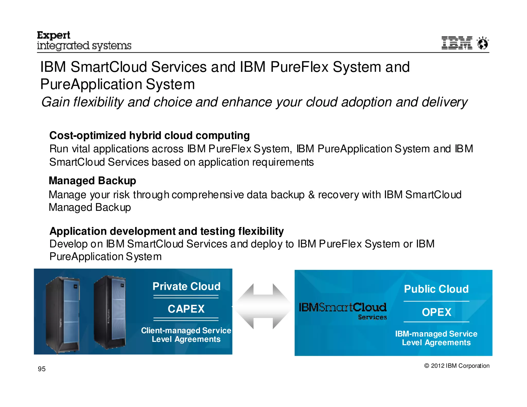 IBM SmartCloud Services and IBM PureFlex System and
PureApplication System
Gain flexibility and choice and enhance your cloud adoption and delivery

     Cost-optimized hybrid cloud computing
     Run vital applications across IBM PureFlex System, IBM PureApplication System and IBM
     SmartCloud Services based on application requirements
     Managed Backup
     Manage your risk through comprehensive data backup & recovery with IBM SmartCloud
     Managed Backup

     Application development and testing flexibility
     Develop on IBM SmartCloud Services and deploy to IBM PureFlex System or IBM
     PureApplication System

                         Private Cloud                                      Public Cloud
                             CAPEX                                              OPEX
                       Client-managed Service                             IBM-managed Service
                          Level Agreements                                  Level Agreements

                                                                                © 2012 IBM Corporation
95
 