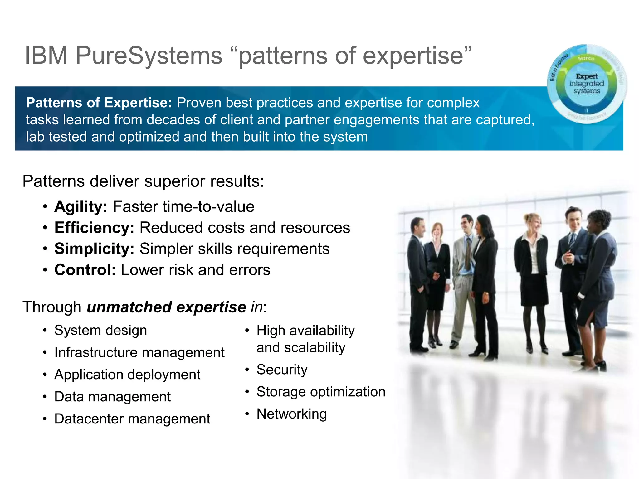 Patterns of Expertise: Proven best practices and expertise for complex
tasks learned from decades of client and partner engagements that are captured,
lab tested and optimized and then built into the system
IBM PureSystems “patterns of expertise”
Patterns deliver superior results:
• Agility: Faster time-to-value
• Efficiency: Reduced costs and resources
• Simplicity: Simpler skills requirements
• Control: Lower risk and errors
Through unmatched expertise in:
• System design
• Infrastructure management
• Application deployment
• Data management
• Datacenter management
• High availability
and scalability
• Security
• Storage optimization
• Networking
 