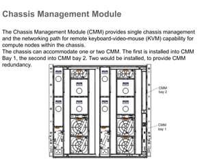 Chassis Management Module
The Chassis Management Module (CMM) provides single chassis management
and the networking path for remote keyboard-video-mouse (KVM) capability for
compute nodes within the chassis.
The chassis can accommodate one or two CMM. The first is installed into CMM
Bay 1, the second into CMM bay 2. Two would be installed, to provide CMM
redundancy.
 