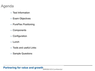 Agenda
– Test Information
– Exam Objectives
– PureFlex Positioning
– Components
– Configuration
– Lunch
– Tools and useful Links
– Sample Questions
Partnering for value and growth
ARROW ECS Confidential
 