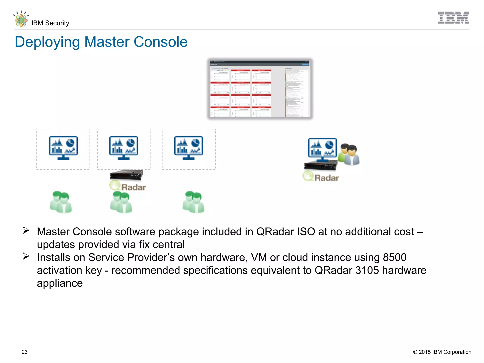 © 2015 IBM Corporation
IBM Security
23
Deploying Master Console
 Master Console software package included in QRadar ISO at no additional cost –
updates provided via fix central
 Installs on Service Provider’s own hardware, VM or cloud instance using 8500
activation key - recommended specifications equivalent to QRadar 3105 hardware
appliance
 