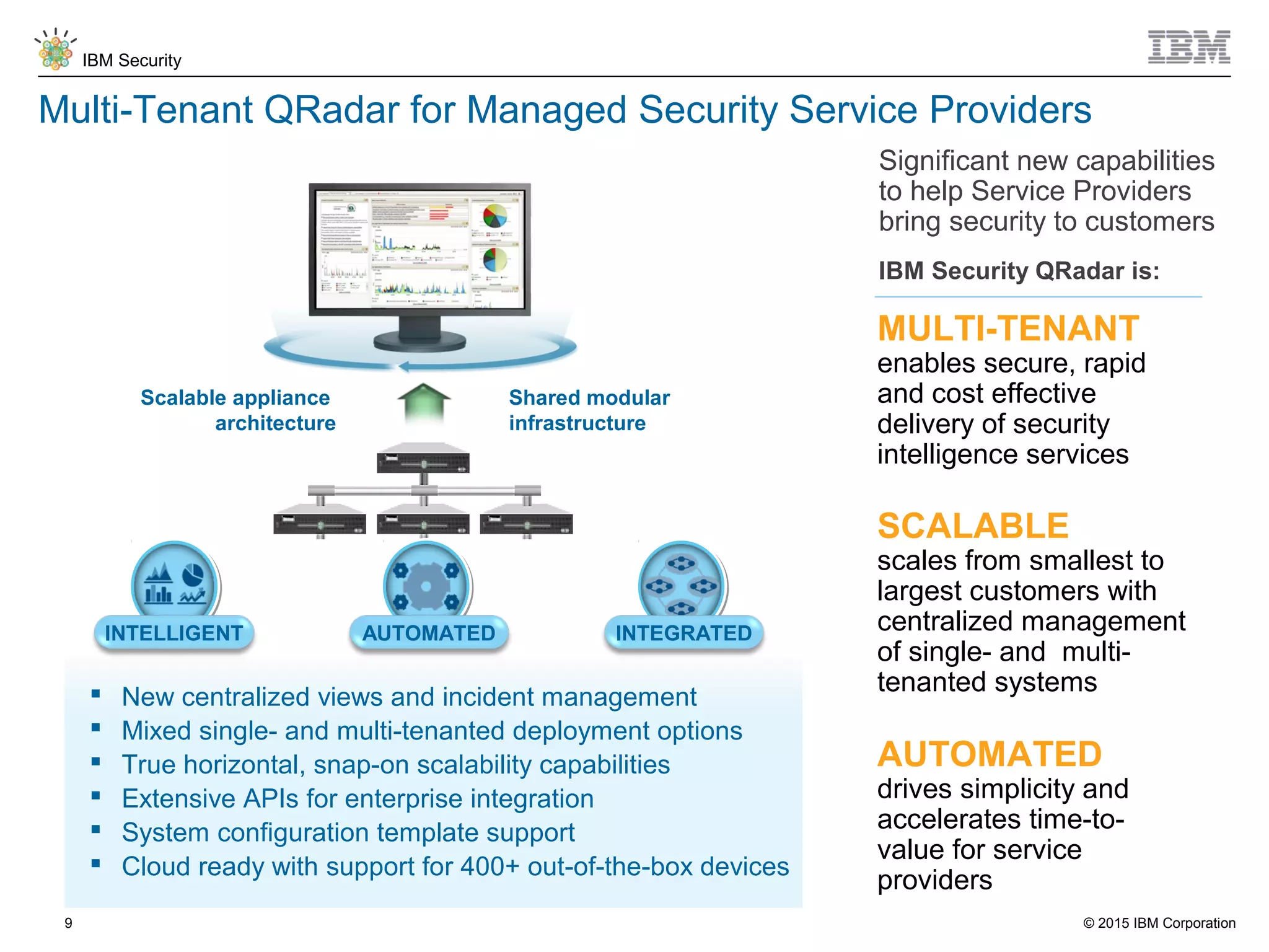 © 2015 IBM Corporation
IBM Security
9
MULTI-TENANT
enables secure, rapid
and cost effective
delivery of security
intelligence services
Multi-Tenant QRadar for Managed Security Service Providers
Scalable appliance
architecture
Shared modular
infrastructure
 New centralized views and incident management
 Mixed single- and multi-tenanted deployment options
 True horizontal, snap-on scalability capabilities
 Extensive APIs for enterprise integration
 System configuration template support
 Cloud ready with support for 400+ out-of-the-box devices
Significant new capabilities
to help Service Providers
bring security to customers
IBM Security QRadar is:
AUTOMATED
drives simplicity and
accelerates time-to-
value for service
providers
SCALABLE
scales from smallest to
largest customers with
centralized management
of single- and multi-
tenanted systems
INTELLIGENT AUTOMATED INTEGRATED
 