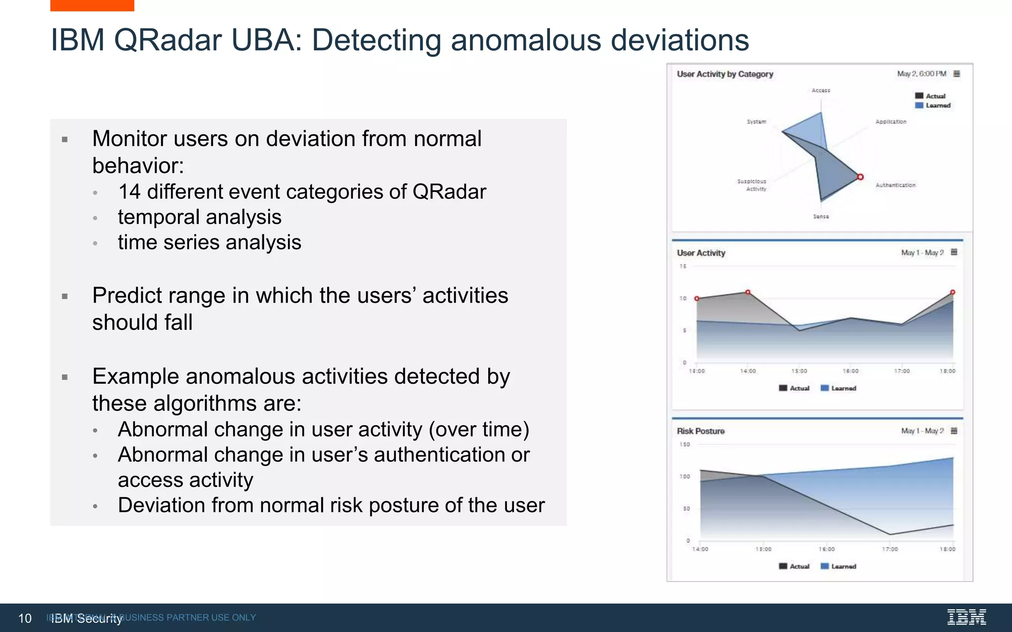10 IBM SecurityIBM INTERNAL & BUSINESS PARTNER USE ONLY
IBM QRadar UBA: Detecting anomalous deviations
 Monitor users on deviation from normal
behavior:
• 14 different event categories of QRadar
• temporal analysis
• time series analysis
 Predict range in which the users’ activities
should fall
 Example anomalous activities detected by
these algorithms are:
• Abnormal change in user activity (over time)
• Abnormal change in user’s authentication or
access activity
• Deviation from normal risk posture of the user
 
