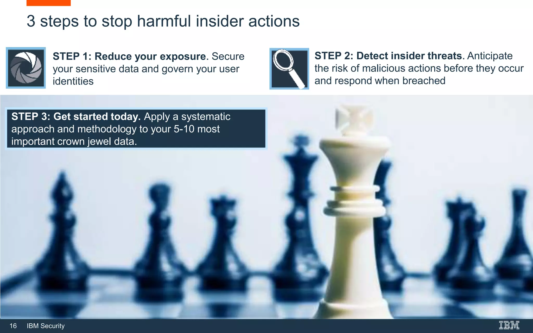 16 IBM Security
3 steps to stop harmful insider actions
STEP 2: Detect insider threats. Anticipate
the risk of malicious actions before they occur
and respond when breached
STEP 1: Reduce your exposure. Secure
your sensitive data and govern your user
identities
STEP 3: Get started today. Apply a systematic
approach and methodology to your 5-10 most
important crown jewel data.
 
