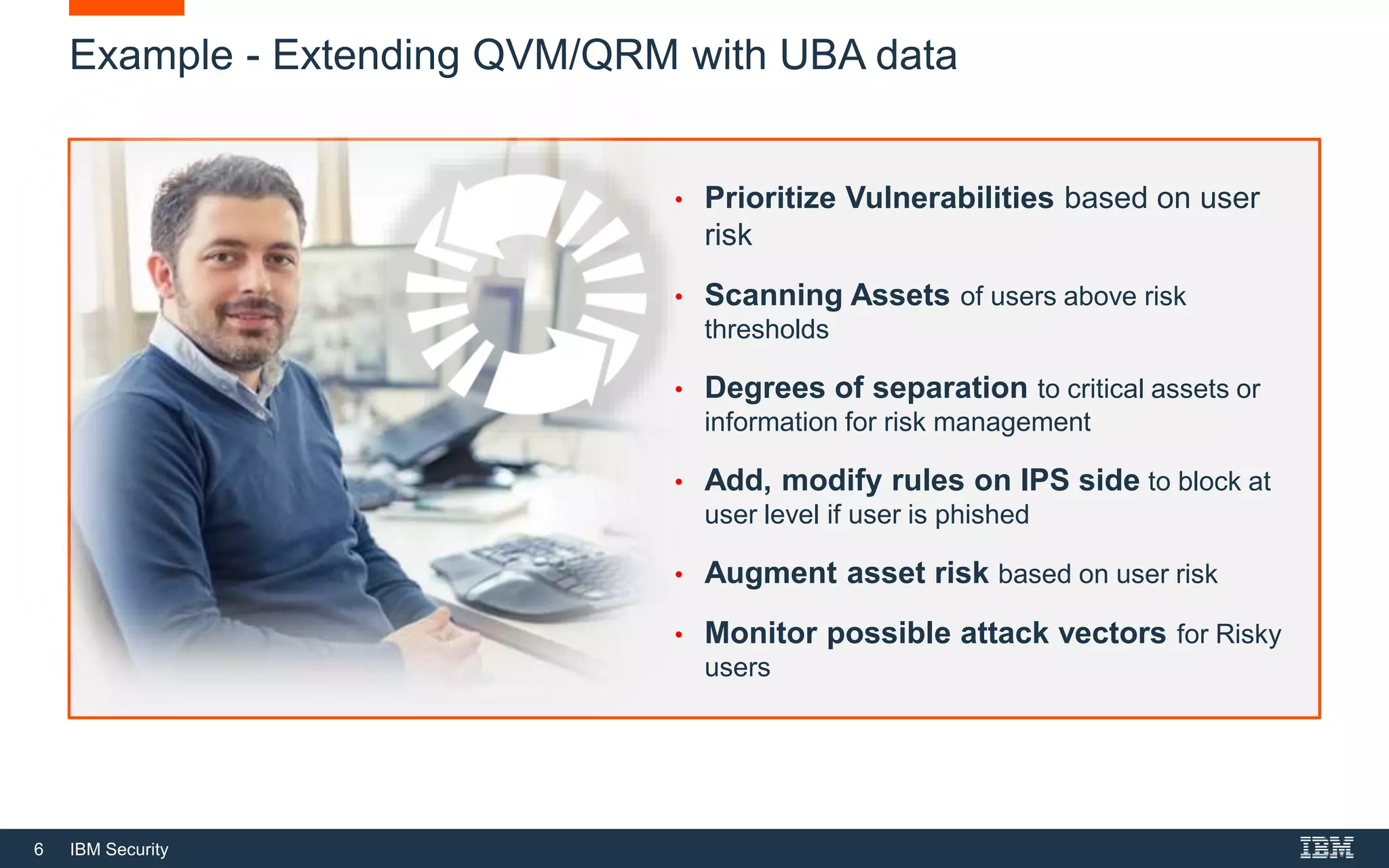 6 IBM Security
Example - Extending QVM/QRM with UBA data
• Prioritize Vulnerabilities based on user
risk
• Scanning Assets of users above risk
thresholds
• Degrees of separation to critical assets or
information for risk management
• Add, modify rules on IPS side to block at
user level if user is phished
• Augment asset risk based on user risk
• Monitor possible attack vectors for Risky
users
 