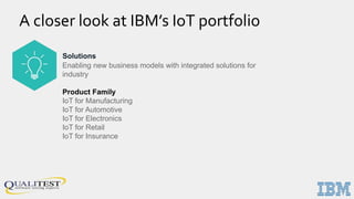 A closer look at IBM’s IoT portfolio
Solutions
Enabling new business models with integrated solutions for
industry
Product Family
IoT for Manufacturing
IoT for Automotive
IoT for Electronics
IoT for Retail
IoT for Insurance
 