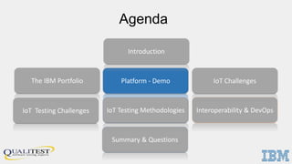 Agenda
Platform - Demo
IoT Testing Challenges
Summary & Questions
Interoperability & DevOpsIoT Testing Methodologies
Introduction
IoT ChallengesThe IBM Portfolio
 