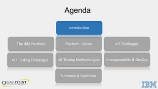 Agenda
Platform - Demo
IoT Testing Challenges
Summary & Questions
Interoperability & DevOpsIoT Testing Methodologies
Introduction
IoT ChallengesThe IBM Portfolio
 