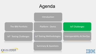 Agenda
Platform - Demo
IoT Testing Challenges
Summary & Questions
Interoperability & DevOpsIoT Testing Methodologies
Introduction
IoT ChallengesThe IBM Portfolio
 