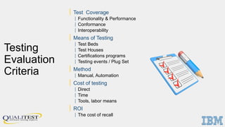 Testing
Evaluation
Criteria
| Test Coverage
| Functionality & Performance
| Conformance
| Interoperability
| Means of Testing
| Test Beds
| Test Houses
| Certifications programs
| Testing events / Plug Set
| Method
| Manual, Automation
| Cost of testing
| Direct
| Time
| Tools, labor means
| ROI
| The cost of recall
 