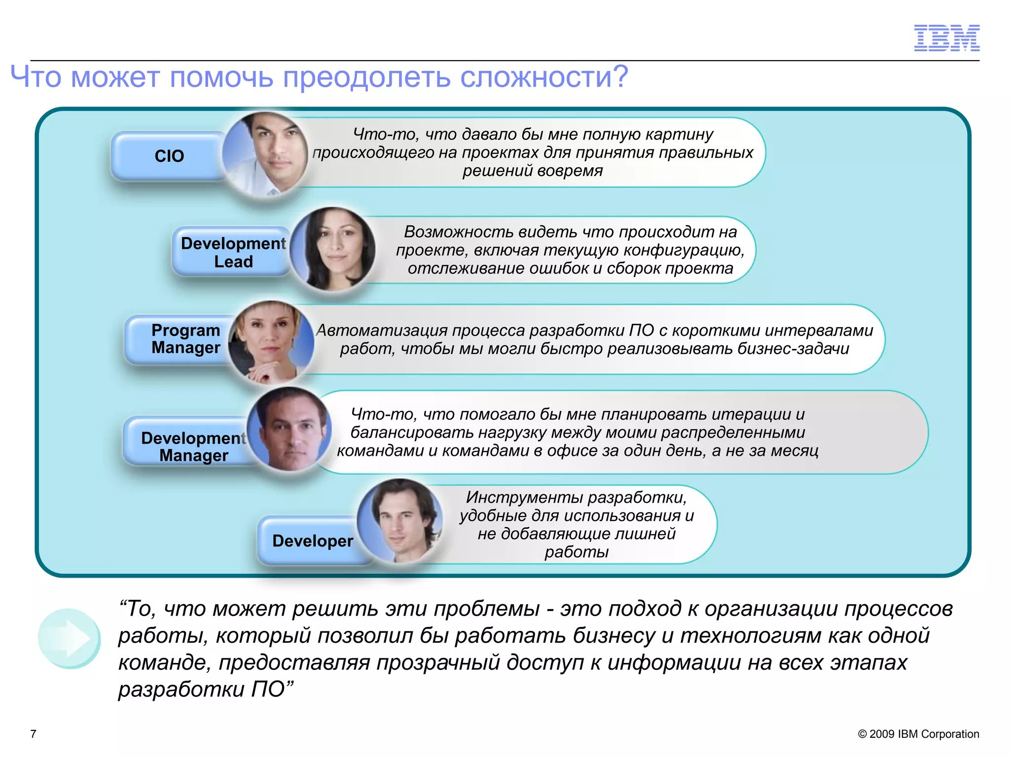 Что может помочь преодолеть сложности?
                              Что-то, что давало бы мне полную картину
         CIO              происходящего на проектах для принятия правильных
                                           решений вовремя


                                    Возможность видеть что происходит на
            Development            проекте, включая текущую конфигурацию,
               Lead                 отслеживание ошибок и сборок проекта


         Program          Автоматизация процесса разработки ПО с короткими интервалами
         Manager            работ, чтобы мы могли быстро реализовывать бизнес-задачи


                               Что-то, что помогало бы мне планировать итерации и
        Development            балансировать нагрузку между моими распределенными
          Manager            командами и командами в офисе за один день, а не за месяц

                                            Инструменты разработки,
                                           удобные для использования и
                      Developer              не добавляющие лишней
                                                     работы


      “То, что может решить эти проблемы - это подход к организации процессов
      работы, который позволил бы работать бизнесу и технологиям как одной
      команде, предоставляя прозрачный доступ к информации на всех этапах
      разработки ПО”
 7                                                                                       © 2009 IBM Corporation
 
