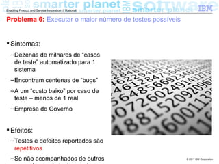 Enabling Product and Service Innovation | Rational


Problema 6: Executar o maior número de testes possíveis


 Sintomas:
  – Dezenas de milhares de “casos
    de teste” automatizado para 1
    sistema
  – Encontram centenas de “bugs”
  – A um “custo baixo” por caso de
    teste – menos de 1 real
  – Empresa do Governo


 Efeitos:
  – Testes e defeitos reportados são
    repetitivos
  – Se não acompanhados de outros                         © 2011 IBM Corporation
 