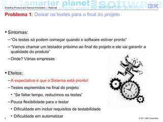 Enabling Product and Service Innovation | Rational


Problema 1: Deixar os testes para o final do projeto


 Sintomas:
    – “Os testes só podem começar quando o software estiver pronto”
    – “Vamos chamar um testador próximo ao final do projeto e ele vai garantir a
      qualidade do produto”
    – Onde? Várias empresas


 Efeitos:
    – A expectativa é que o Sistema está pronto!
    – Testes espremidos no final do projeto
     • “Se faltar tempo, reduzimos os testes”
    – Pouca flexibilidade para o testar
     • Dificuldade em incluir requisitos de testabilidade

5
     • Dificuldade em automatizar                                           © 2011 IBM Corporation
 