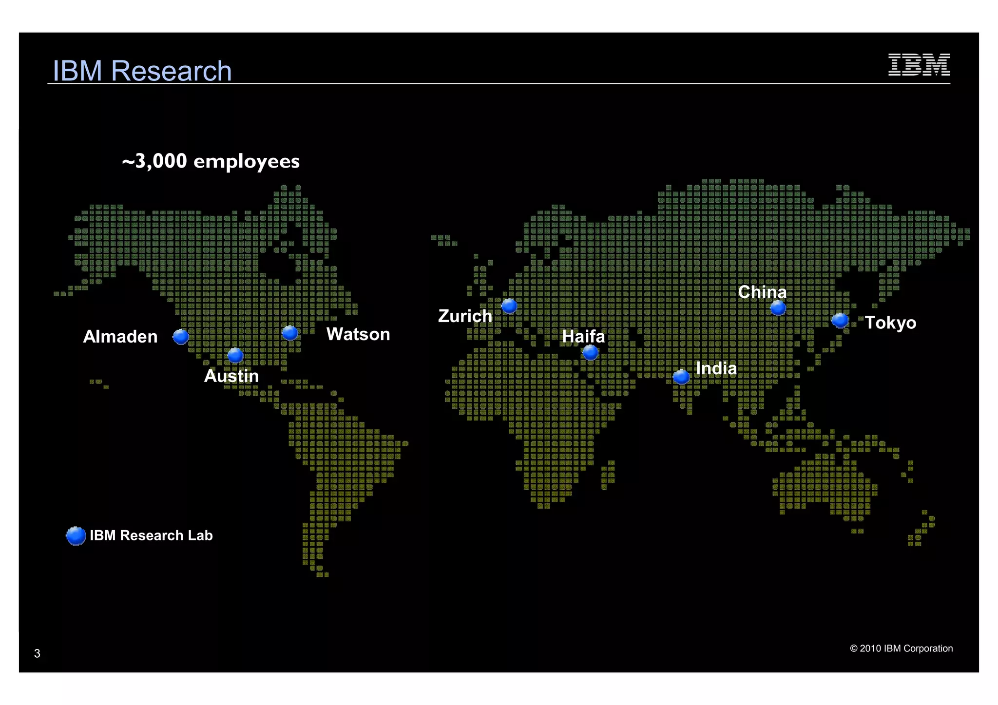 IBM Research


          ~3,000 employees




                                                               China
                                      Zurich                              Tokyo
      Almaden                Watson            Haifa

                    Austin                             India




      IBM Research Lab




                                                                       © 2010 IBM Corporation
3
 