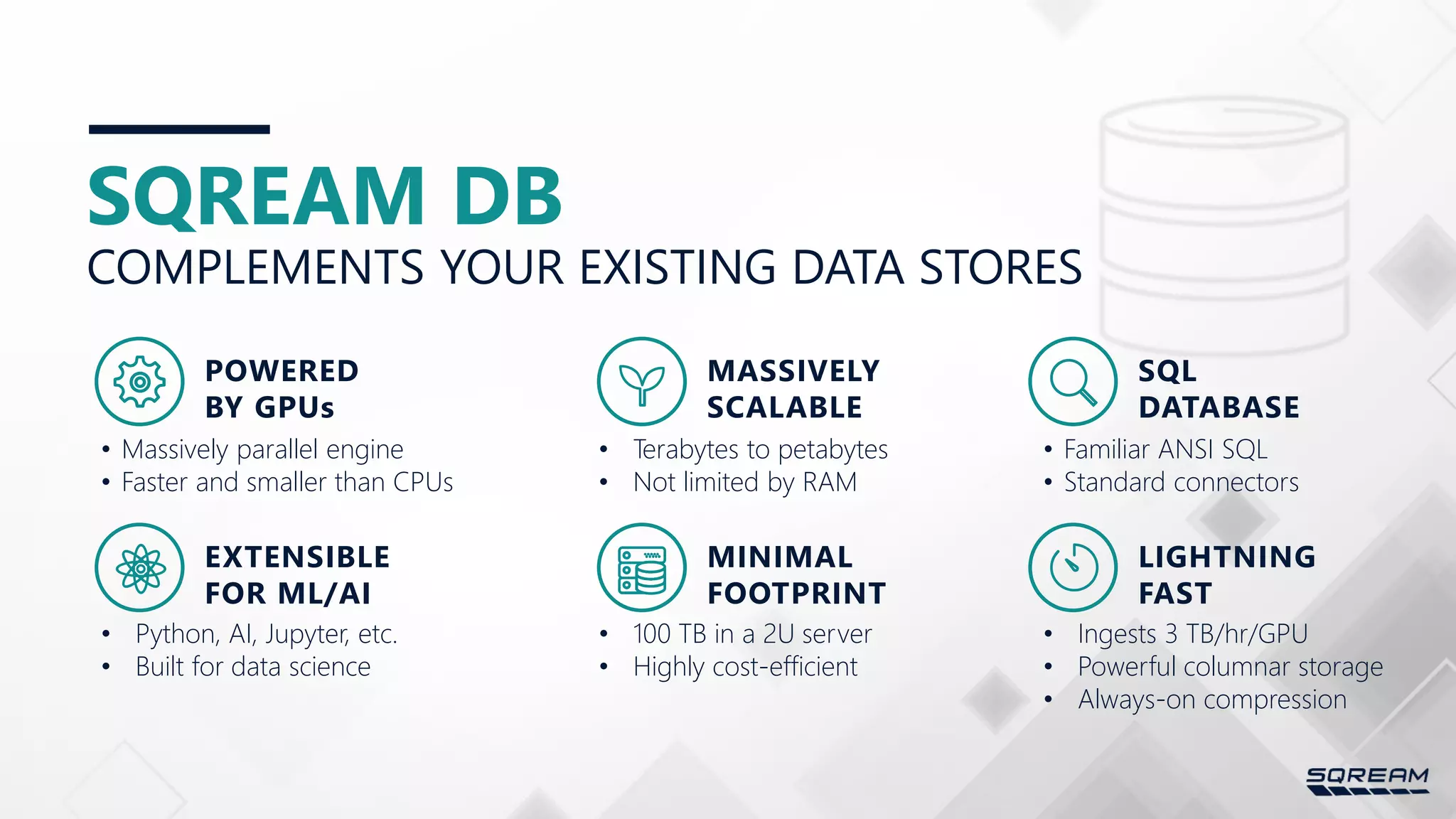 SQREAM DB • Massively parallel engine • Faster and smaller than CPUs POWERED BY GPUs • Terabytes to petabytes • Not limited by RAM • Ingests 3 TB/hr/GPU • Powerful columnar storage • Always-on compression • Familiar ANSI SQL • Standard connectors • 100 TB in a 2U server • Highly cost-efficient • Python, AI, Jupyter, etc. • Built for data science COMPLEMENTS YOUR EXISTING DATA STORES MASSIVELY SCALABLE SQL DATABASE EXTENSIBLE FOR ML/AI MINIMAL FOOTPRINT LIGHTNING FAST 