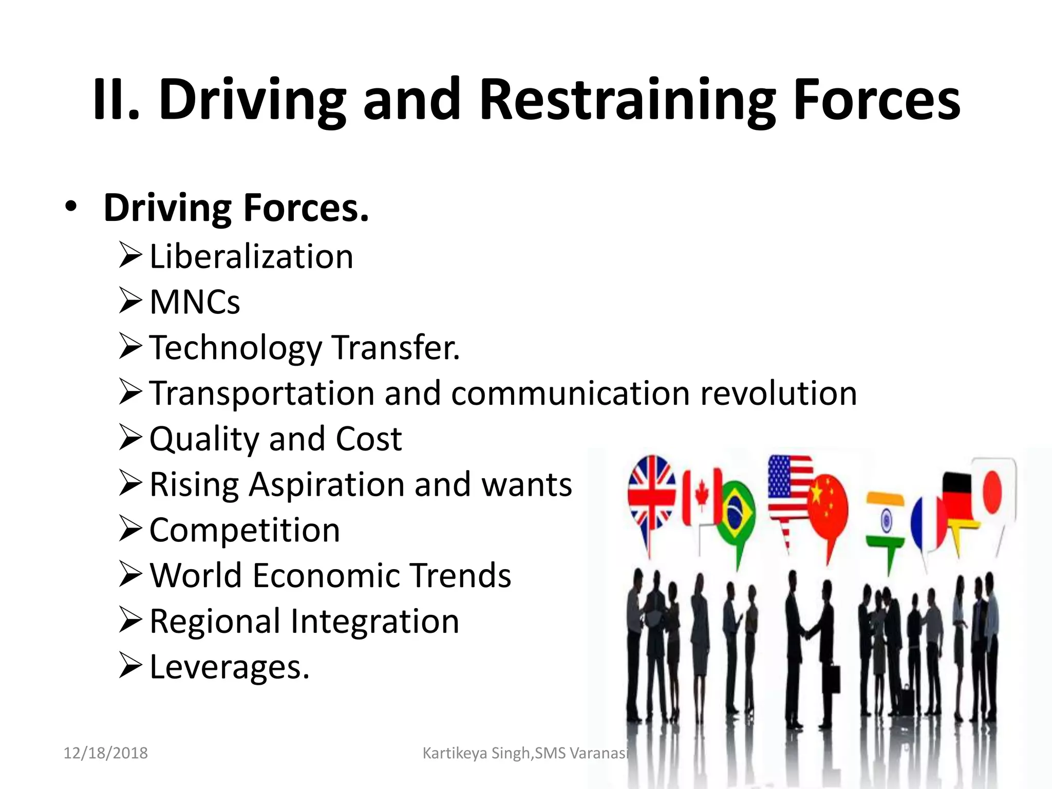II. Driving and Restraining Forces
• Driving Forces.
Liberalization
MNCs
Technology Transfer.
Transportation and communication revolution
Quality and Cost
Rising Aspiration and wants
Competition
World Economic Trends
Regional Integration
Leverages.
12/18/2018 Kartikeya Singh,SMS Varanasi
 