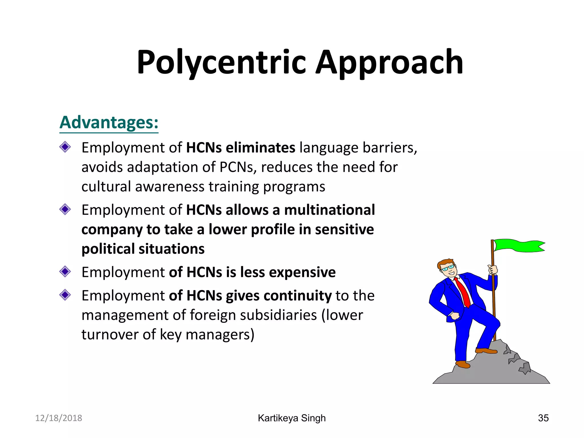 Kartikeya Singh 35
Polycentric Approach
Advantages:
Employment of HCNs eliminates language barriers,
avoids adaptation of PCNs, reduces the need for
cultural awareness training programs
Employment of HCNs allows a multinational
company to take a lower profile in sensitive
political situations
Employment of HCNs is less expensive
Employment of HCNs gives continuity to the
management of foreign subsidiaries (lower
turnover of key managers)
12/18/2018
 