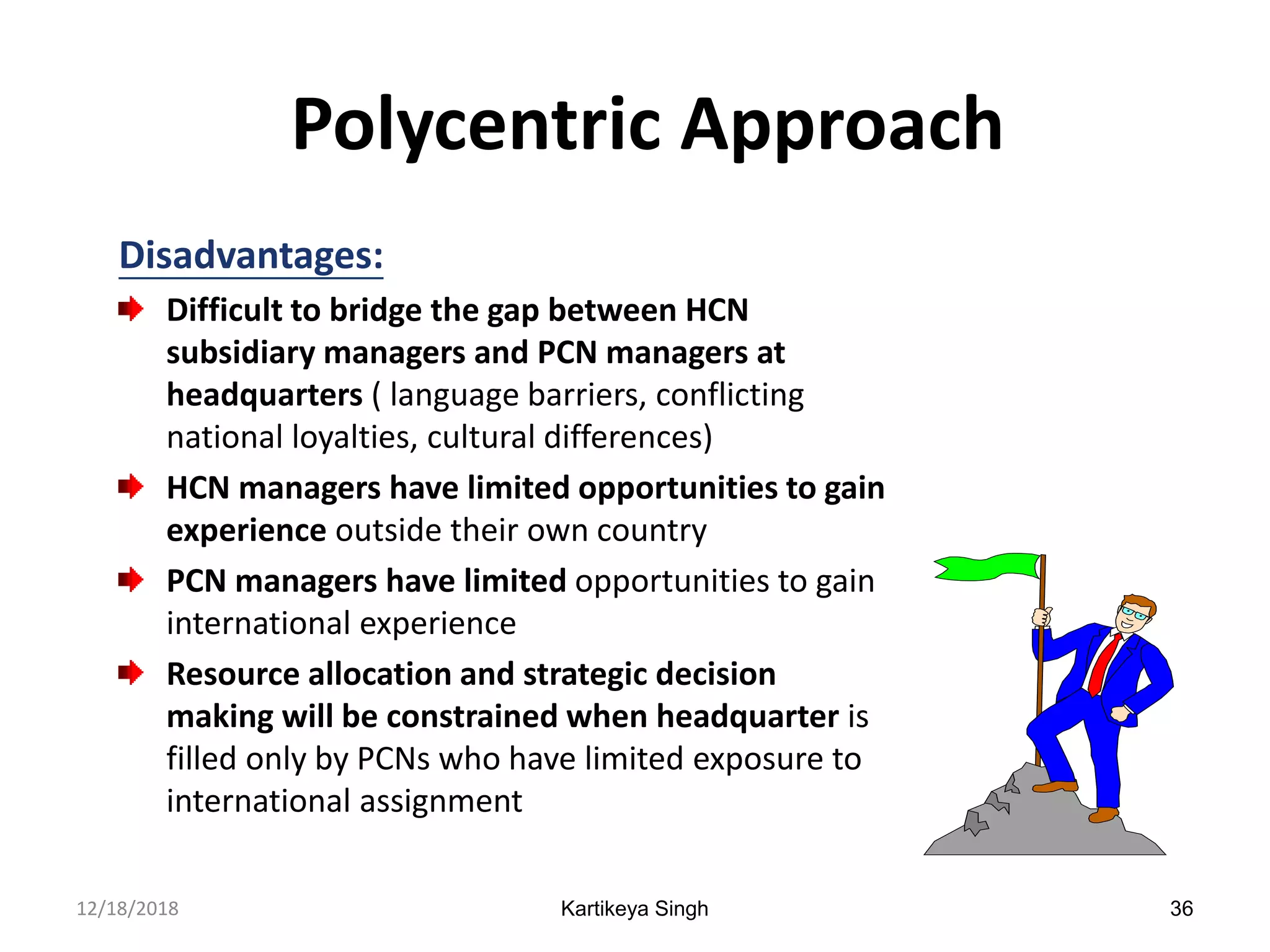 Kartikeya Singh 36
Polycentric Approach
Disadvantages:
Difficult to bridge the gap between HCN
subsidiary managers and PCN managers at
headquarters ( language barriers, conflicting
national loyalties, cultural differences)
HCN managers have limited opportunities to gain
experience outside their own country
PCN managers have limited opportunities to gain
international experience
Resource allocation and strategic decision
making will be constrained when headquarter is
filled only by PCNs who have limited exposure to
international assignment
12/18/2018
 