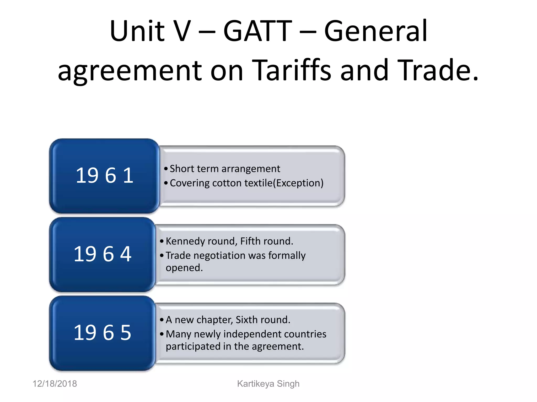 Unit V – GATT – General
agreement on Tariffs and Trade.
•Short term arrangement
•Covering cotton textile(Exception)19 6 1
•Kennedy round, Fifth round.
•Trade negotiation was formally
opened.
19 6 4
•A new chapter, Sixth round.
•Many newly independent countries
participated in the agreement.
19 6 5
12/18/2018 Kartikeya Singh
 