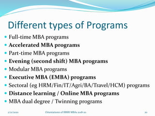 Different types of Programs
 Full-time MBA programs
 Accelerated MBA programs
 Part-time MBA programs
 Evening (second shift) MBA programs
 Modular MBA programs
 Executive MBA (EMBA) programs
 Sectoral (eg HRM/Fin/IT/Agri/BA/Travel/HCM) programs
 Distance learning / Online MBA programs
 MBA dual degree / Twinning programs
2/21/2020 Orientationn of IBMR MBAs 2018-20 20
 