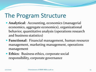 The Program Structure
 Analytical: Accounting, economics (managerial
economics, aggregate economics), organizational
behavior, quantitative analysis (operations research
and business statistics)
 Functional: Financial management, human resource
management, marketing management, operations
management
 Ethics: Business ethics, corporate social
responsibility, corporate governance
2/21/2020 Orientationn of IBMR MBAs 2018-20 23
 