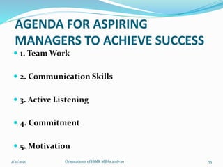 AGENDA FOR ASPIRING
MANAGERS TO ACHIEVE SUCCESS
 1. Team Work
 2. Communication Skills
 3. Active Listening
 4. Commitment
 5. Motivation
2/21/2020 Orientationn of IBMR MBAs 2018-20 55
 