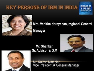 Key persons of IBM in India :
Mrs. Vanitha Narayanan, regional General
Manager

Mr. Shankar
Sr. Advisor & G.M
Anna Swamy,

Mr. Rajesh Nambiar,
Vice President & General Manager

 