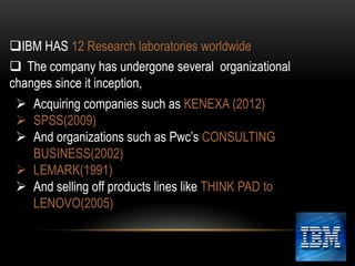 IBM HAS 12 Research laboratories worldwide
 The company has undergone several organizational
changes since it inception,

 Acquiring companies such as KENEXA (2012)
 SPSS(2009)
 And organizations such as Pwc’s CONSULTING
BUSINESS(2002)
 LEMARK(1991)
 And selling off products lines like THINK PAD to
LENOVO(2005)

 