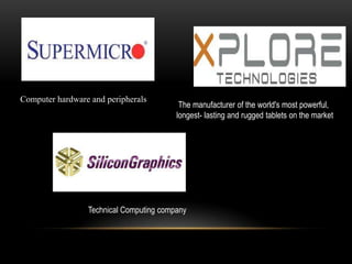 Computer hardware and peripherals

The manufacturer of the world's most powerful,
longest- lasting and rugged tablets on the market

Technical Computing company

 