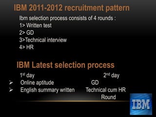 IBM 2011-2012 recruitment pattern
Ibm selection process consists of 4 rounds :
1> Written test
2> GD
3>Technical interview
4> HR

IBM Latest selection process



1st day
Online aptitude
English summary written

2nd day

GD
Technical cum HR
Round

 