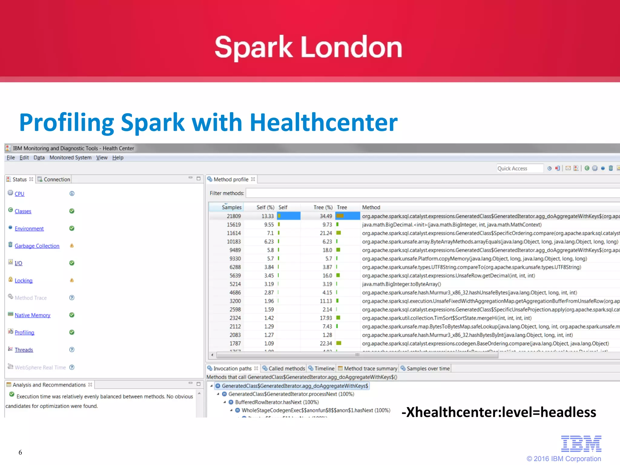 © 2016 IBM Corporation 6 Profiling Spark with Healthcenter -Xhealthcenter:level=headless 