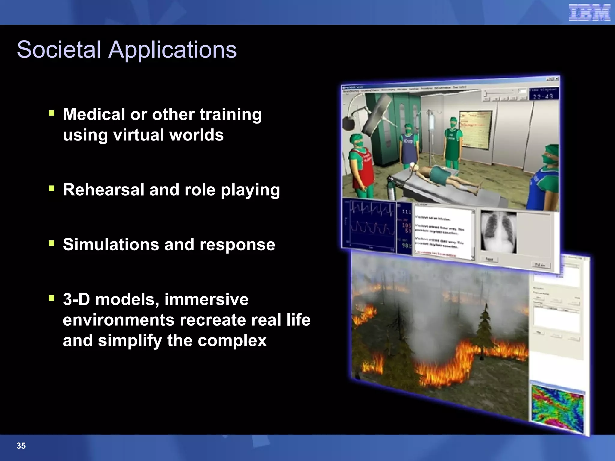 Societal Applications Medical or other training using virtual worlds  Rehearsal and role playing Simulations and response 3-D models, immersive environments recreate real life and simplify the complex 