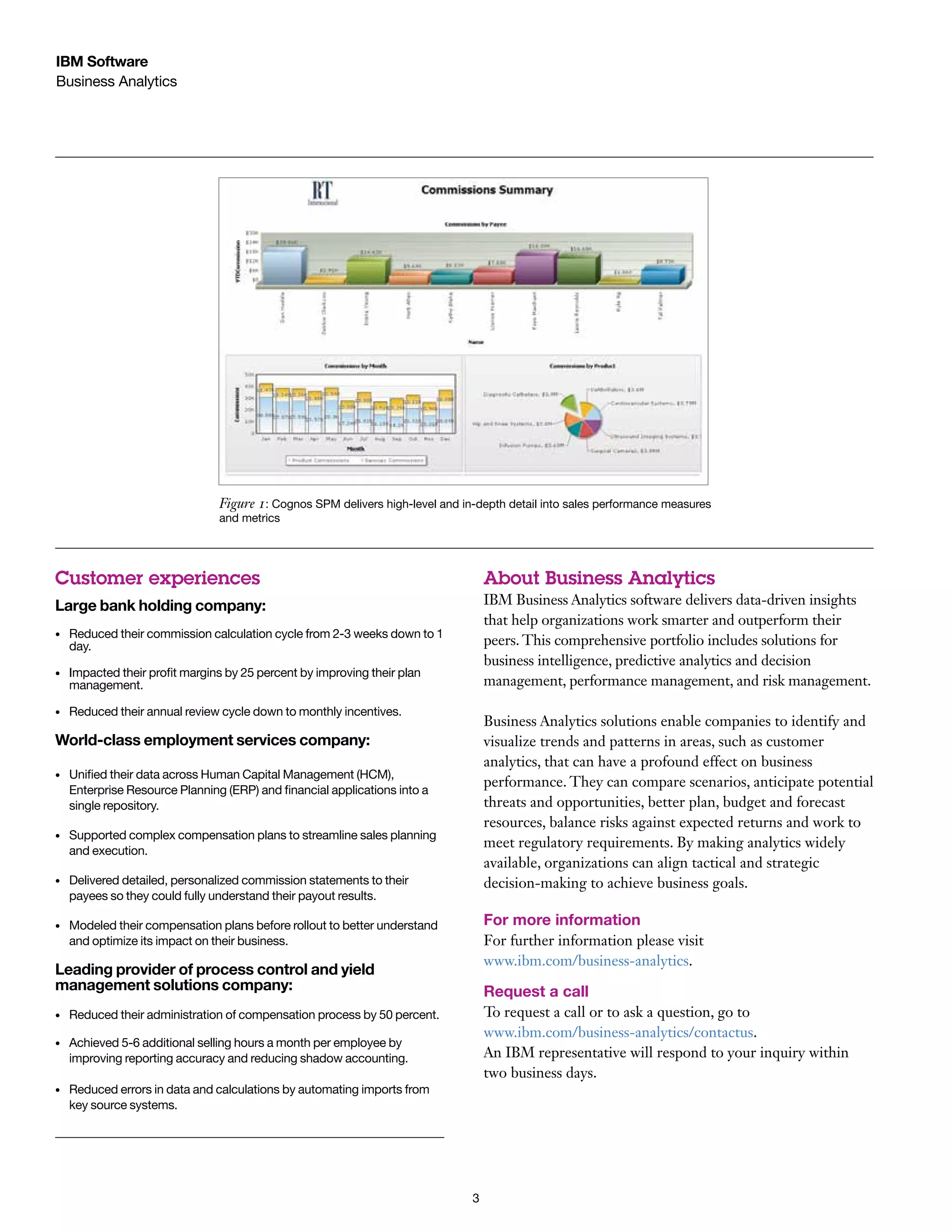 IBM Software
Business Analytics

Figure 1: Cognos SPM delivers high-level and in-depth detail into sales performance measures 	
and metrics

Customer experiences

About Business Analytics

Large bank holding company:

IBM Business Analytics software delivers data-driven insights
that help organizations work smarter and outperform their
peers. This comprehensive portfolio includes solutions for
business intelligence, predictive analytics and decision
management, performance management, and risk management.

•	

Reduced their commission calculation cycle from 2-3 weeks down to 1
day.

•	

Impacted their profit margins by 25 percent by improving their plan
management.

•	

Reduced their annual review cycle down to monthly incentives.

Business Analytics solutions enable companies to identify and
visualize trends and patterns in areas, such as customer
analytics, that can have a profound effect on business
performance. They can compare scenarios, anticipate potential
threats and opportunities, better plan, budget and forecast
resources, balance risks against expected returns and work to
meet regulatory requirements. By making analytics widely
available, organizations can align tactical and strategic
decision-making to achieve business goals.

World-class employment services company:
•	

Unified their data across Human Capital Management (HCM),
Enterprise Resource Planning (ERP) and financial applications into a
single repository.

•	

Supported complex compensation plans to streamline sales planning
and execution.

•	

Delivered detailed, personalized commission statements to their
payees so they could fully understand their payout results.

•	

Modeled their compensation plans before rollout to better understand
and optimize its impact on their business.

For more information
For further information please visit
www.ibm.com/business-analytics.

Leading provider of process control and yield
management solutions company:
•	
•	

To request a call or to ask a question, go to
www.ibm.com/business-analytics/contactus.
An IBM representative will respond to your inquiry within
two business days.

Achieved 5-6 additional selling hours a month per employee by
improving reporting accuracy and reducing shadow accounting.	

•	

Request a call

Reduced their administration of compensation process by 50 percent.	

Reduced errors in data and calculations by automating imports from
key source systems.

3

 