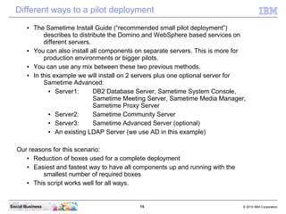 Different ways to a pilot deployment
       ●   The Sametime Install Guide (“recommended small pilot deployment”)
        ...