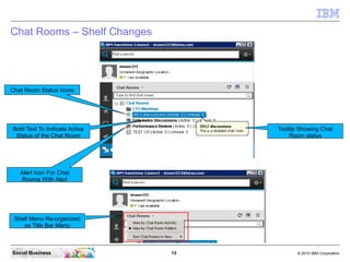 15 © 2010 IBM CorporationSocial Business
Chat Rooms – Shelf Changes
Chat Room Status Icons
Alert Icon For Chat
Rooms With Alert
Bold Text To Indicate Active
Status of the Chat Room
Tooltip Showing Chat
Room status
Shelf Menu Re-organized
as Title Bar Menu
 