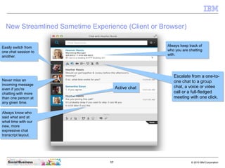 17 © 2010 IBM CorporationSocial Business
New Streamlined Sametime Experience (Client or Browser)
Always keep track of
who you are chatting
with.
Always keep track of
who you are chatting
with.
Never miss an
incoming message
even if you're
chatting with more
than one person at
any given time.
Never miss an
incoming message
even if you're
chatting with more
than one person at
any given time.
Always know who
said what and at
what time with our
new, more
expressive chat
transcript layout.
Always know who
said what and at
what time with our
new, more
expressive chat
transcript layout.
Easily switch from
one chat session to
another.
Easily switch from
one chat session to
another.
Active chatActive chat
Escalate from a one-to-
one chat to a group
chat, a voice or video
call or a full-fledged
meeting with one click.
Escalate from a one-to-
one chat to a group
chat, a voice or video
call or a full-fledged
meeting with one click.
 