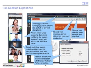 35 © 2010 IBM CorporationSocial Business
Full-Desktop Experience
Detach individual panels,
including video, from the
navigation ribbon for a full-
desktop meetings experience.
Detach individual panels,
including video, from the
navigation ribbon for a full-
desktop meetings experience.
Sharing your screen?
Change your status to Do
Not Disturb to prevent
disruptions.
Sharing your screen?
Change your status to Do
Not Disturb to prevent
disruptions.
Record your
meetings server-
side or on your own
workstation.
Record your
meetings server-
side or on your own
workstation.
Change your
meeting room
settings with
one click.
Change your
meeting room
settings with
one click.
Keep an eye on your
network connection
with the new Network
Performance tool.
Keep an eye on your
network connection
with the new Network
Performance tool.
Always know who's
speaking: Sametime
highlights the current
speaker's video feed
with a nice light blue
frame.
Always know who's
speaking: Sametime
highlights the current
speaker's video feed
with a nice light blue
frame.
 